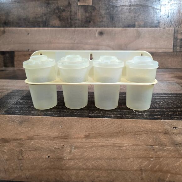 Vintage Tupperware Spice Rack #289 w/4 Shakers #102 & Flip-top Lids #634 - Sheer - Picture 1 of 6